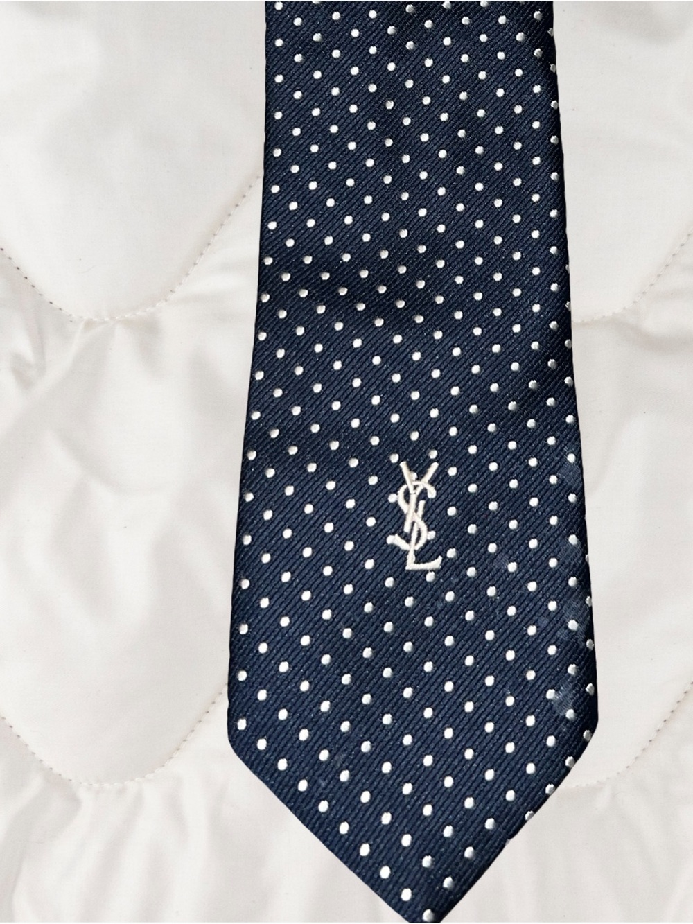 Yves Saint Laurent Mens Designer  Classic Navy Blue White Polka Dots Tie Logo - Picture 2 of 6